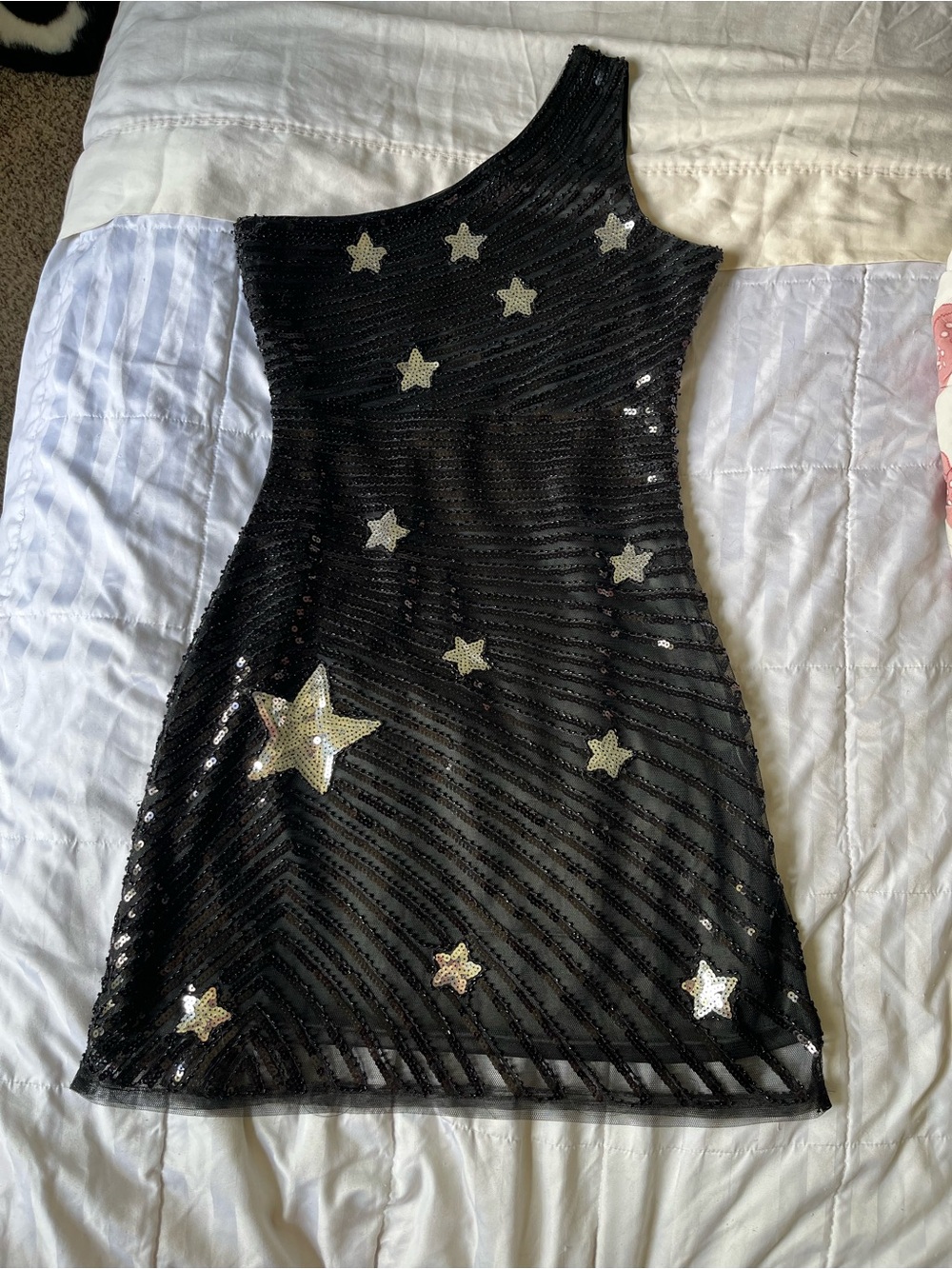 One-Shoulder Black Sequin Mini Dress with Silver Star Accents